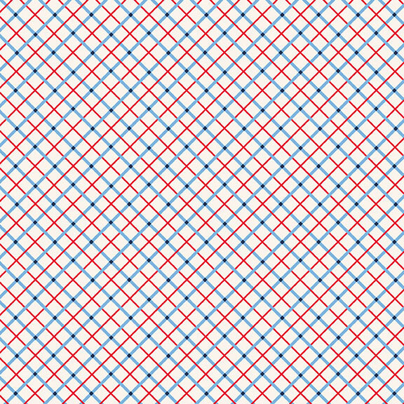 A white fabric with diagonal intersecting red and light blue lines.