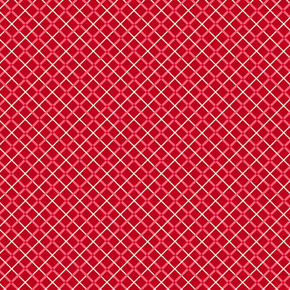 A dark red fabric with diagonal intersecting white and pink lines.
