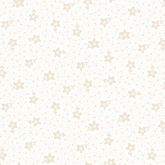 A cream fabric with taupe flowers, stars, and scattered dots.