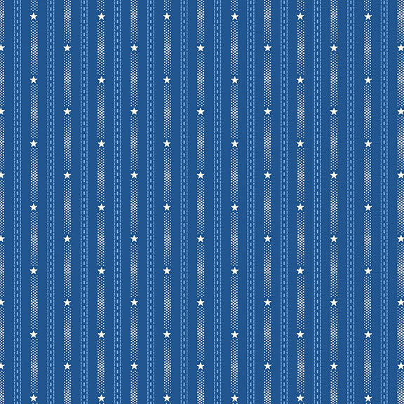 A blue fabric with alternating stripes of dashes and dots with stars.