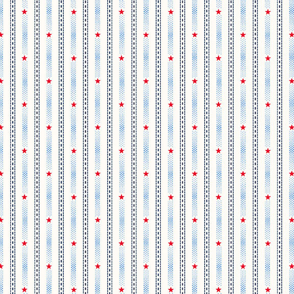 A white fabric with alternating stripes of dashes and dots with red stars.