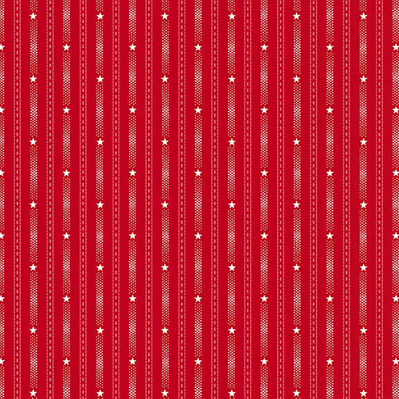 A red fabric with alternating white stripes of dashes and dots with stars.