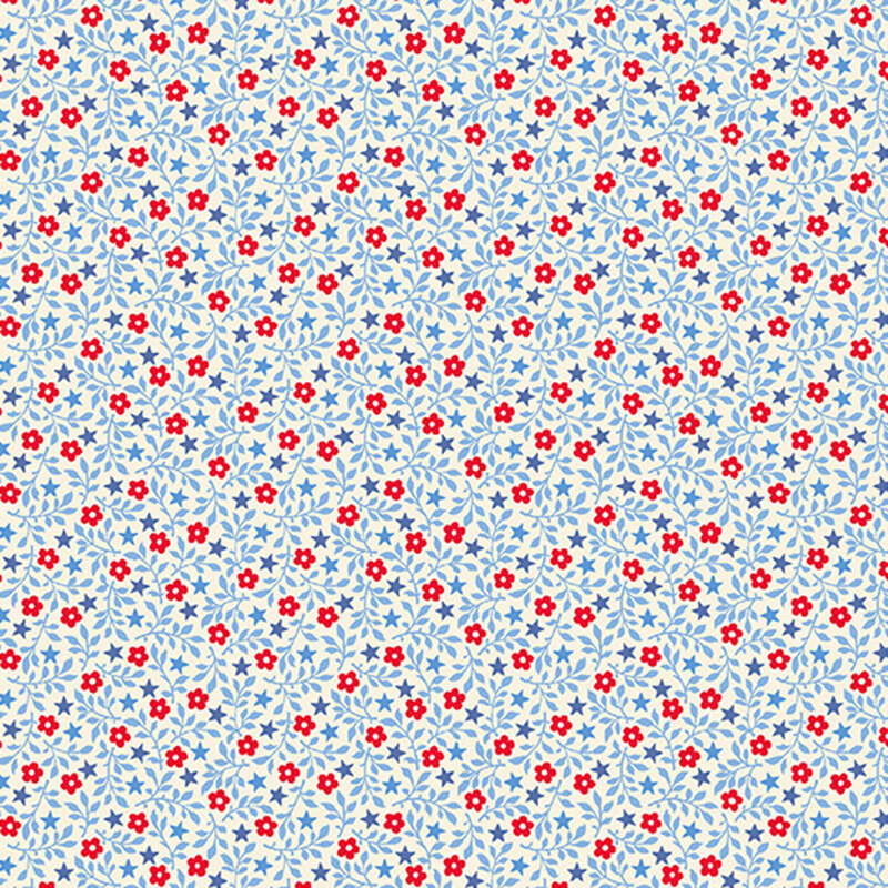 A white 108" fabric packed with red florals with blue stems and stars.