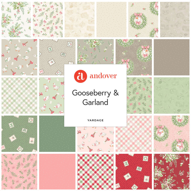 A collage of fabrics featured in the Gooseberry and Garland Collection by The Quilted Cow for Andover Fabrics