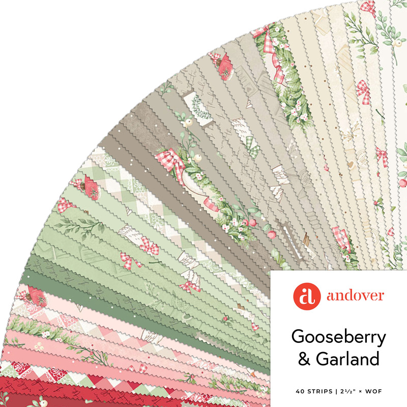 A collage of fabrics featured in the Gooseberry and Garland 2.5 inch strips by The Quilted Cow for Andover Fabrics.