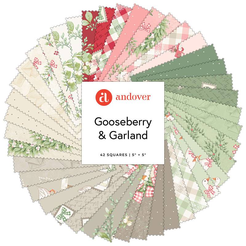 A collage of fabrics featured in the Gooseberry and Garland 5" squares by The Quilted Cow for Andover Fabrics.