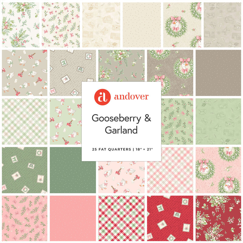 A collage of fabrics featured in the Gooseberry and Garland Fat Quarter Bundle by The Quilted Cow for Andover Fabrics