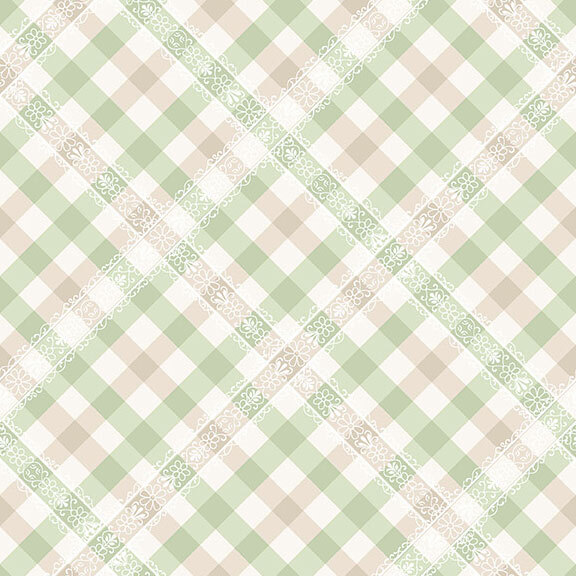 A cream fabric with a pistachio green and a taupe gingham.