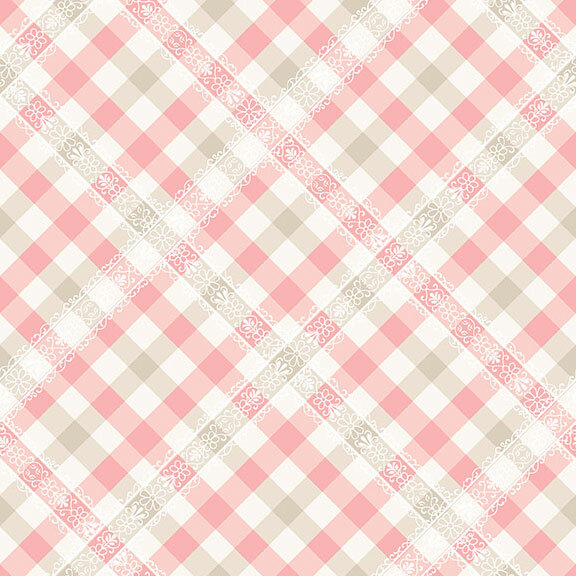 A cream fabric with a pink and taupe gingham.