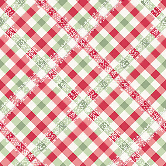 A cream fabric with a pistachio green and red gingham.