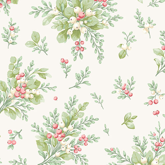 A cream fabric with green sprigs and red and white berries.