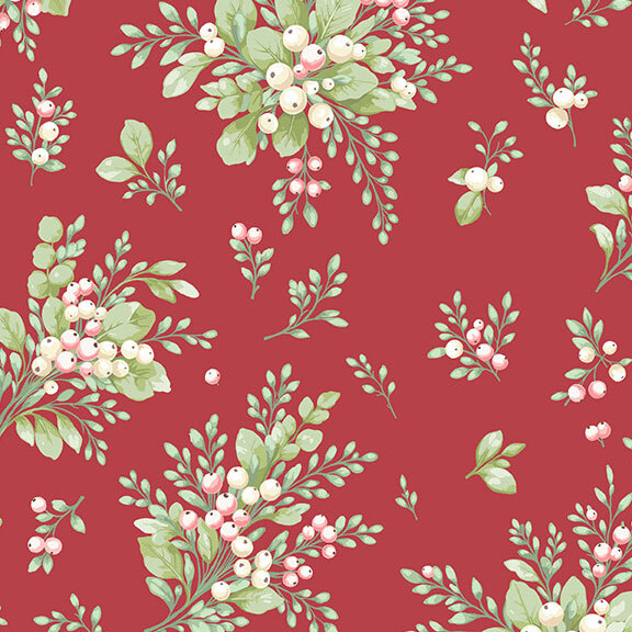 A spice red fabric with green sprigs and pink and white berries.