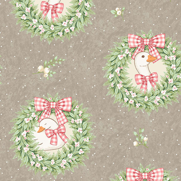 A taupe fabric with wreaths containing geese wearing white and red gingham bows and scattered white dots.