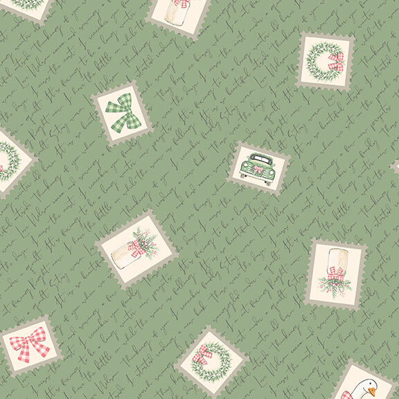 A deep pistachio fabric with scattered postage stamps and cursive lettering.