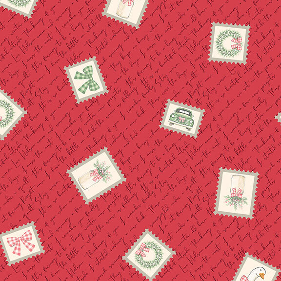 A red fabric with scattered postage stamps and cursive lettering.