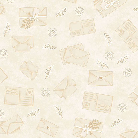 A cream fabric with line-work envelopes and sprigs.