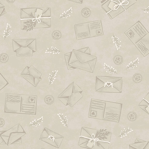 A taupe fabric with line-work envelopes and sprigs.