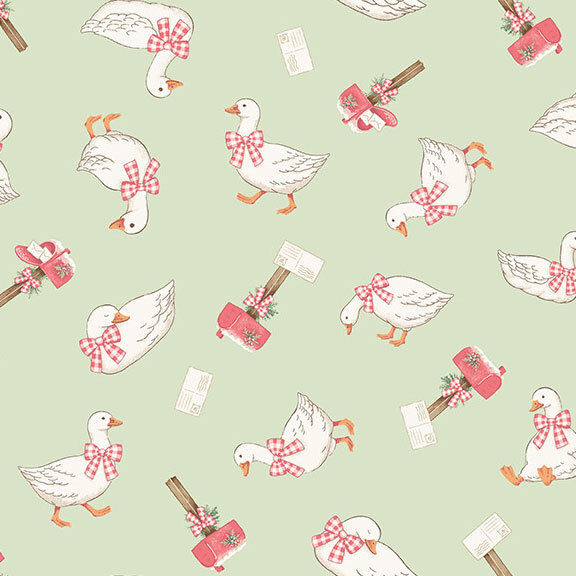 A pistachio green fabric with scattered geese and mailboxes.