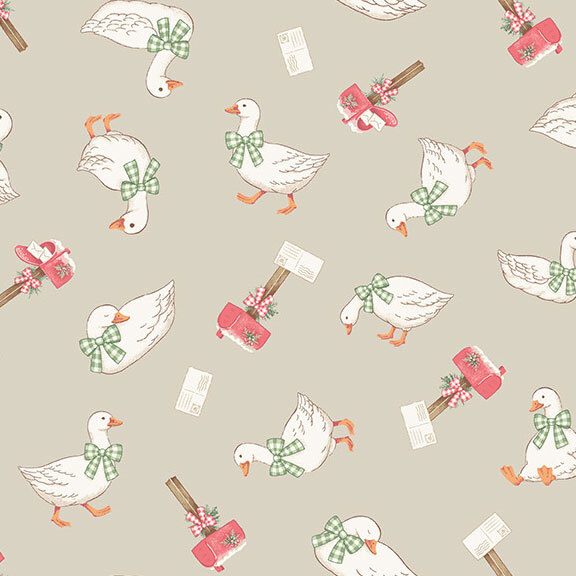 A taupe fabric with scattered geese and mailboxes.