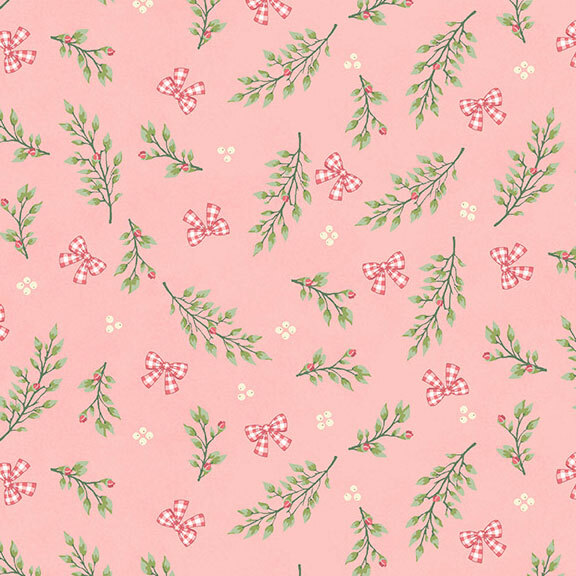 A pink fabric with scattered sprigs, white berries, and gingham bows.