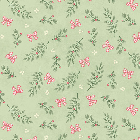 A pistachio green fabric with scattered sprigs, white berries, and gingham bows.