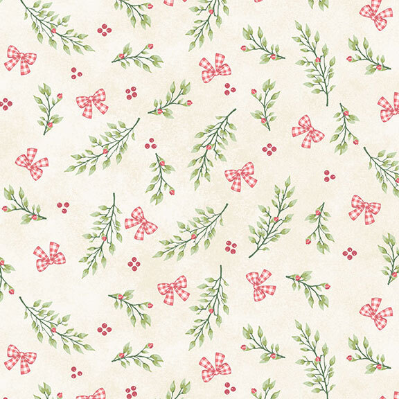 A cream fabric with scattered sprigs, red berries, and gingham bows.