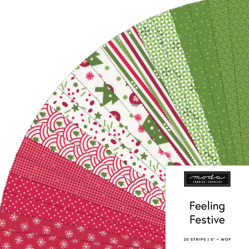 A collage of fabrics featured in the Feeling Festive Dessert Roll by Chrissy Lux for Moda Fabrics