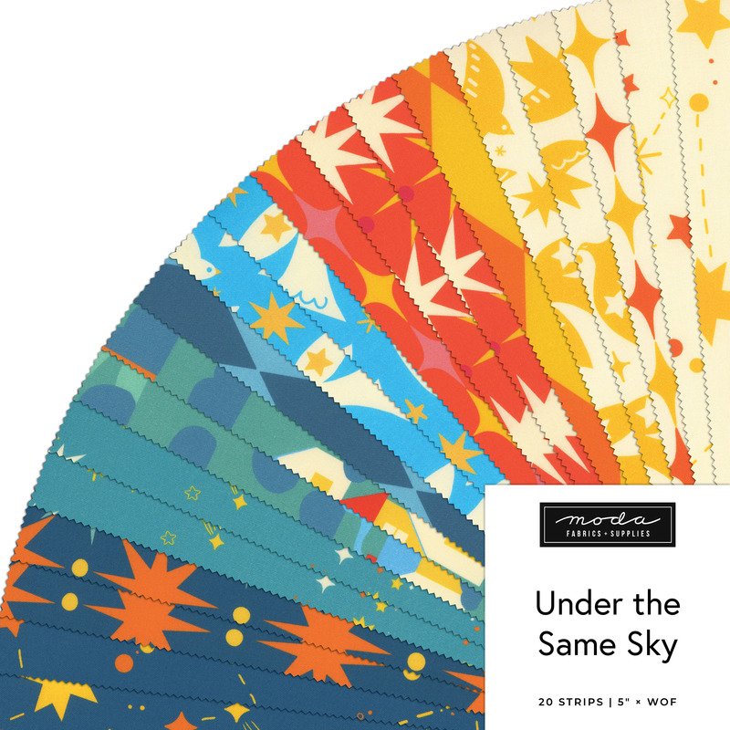 A collage of fabrics featured in the Under the Same Sky Dessert Roll by With Love By Kristy for Moda Fabrics