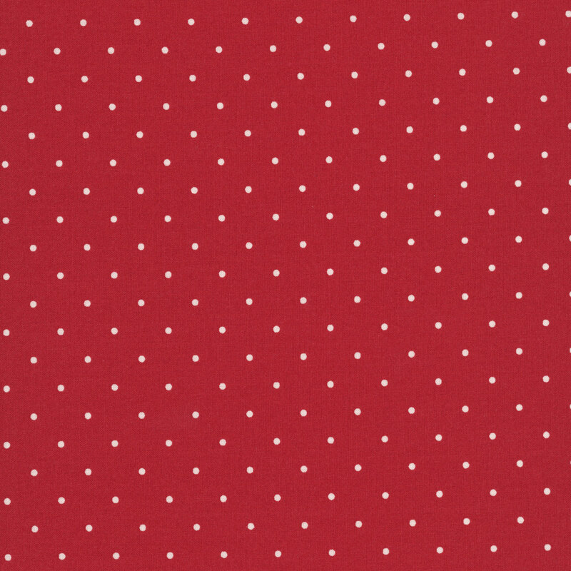  white polka dots on a red background.