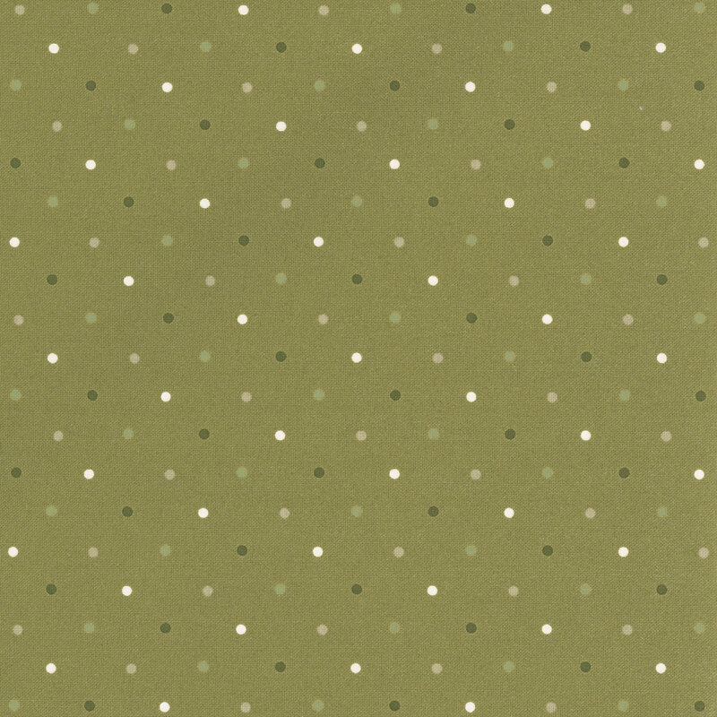 green and white polka dots on a khaki green background.