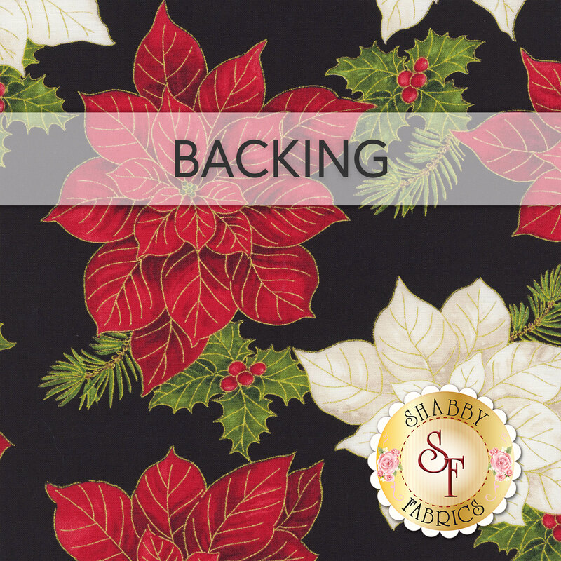 Black swatch of fabric with tossed red and white poinsettias with gold metallic accents; a transparent banner at the top reads "Backing." 
