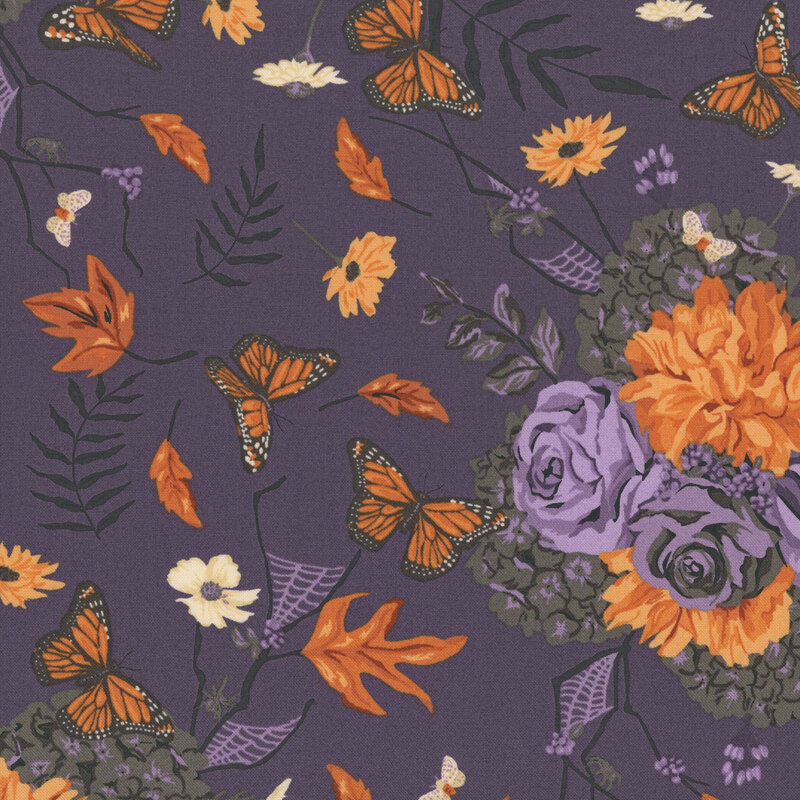 Eggplant purple fabric with a scatter of floral bunches, spiders, spiderwebs, Monarch butterflies, moths, and falling leaves.
