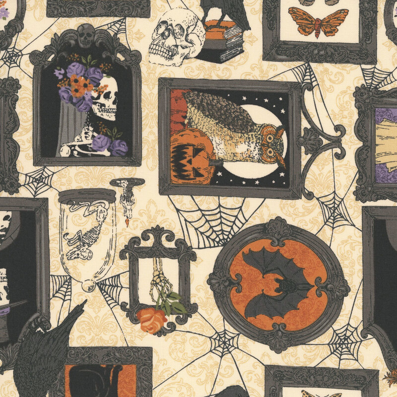 Cream fabric with a scatter of different frames on a damask pattern, including owls, bats, ghosts, black cats, skeletons adorned with florals, and other motifs.