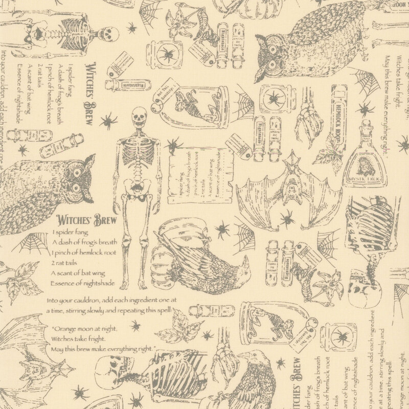 Cream fabric with a scattered design of witches' brew recipes, skeletons, herbs, pumpkins, crows, spiders, and other Halloween motifs.
