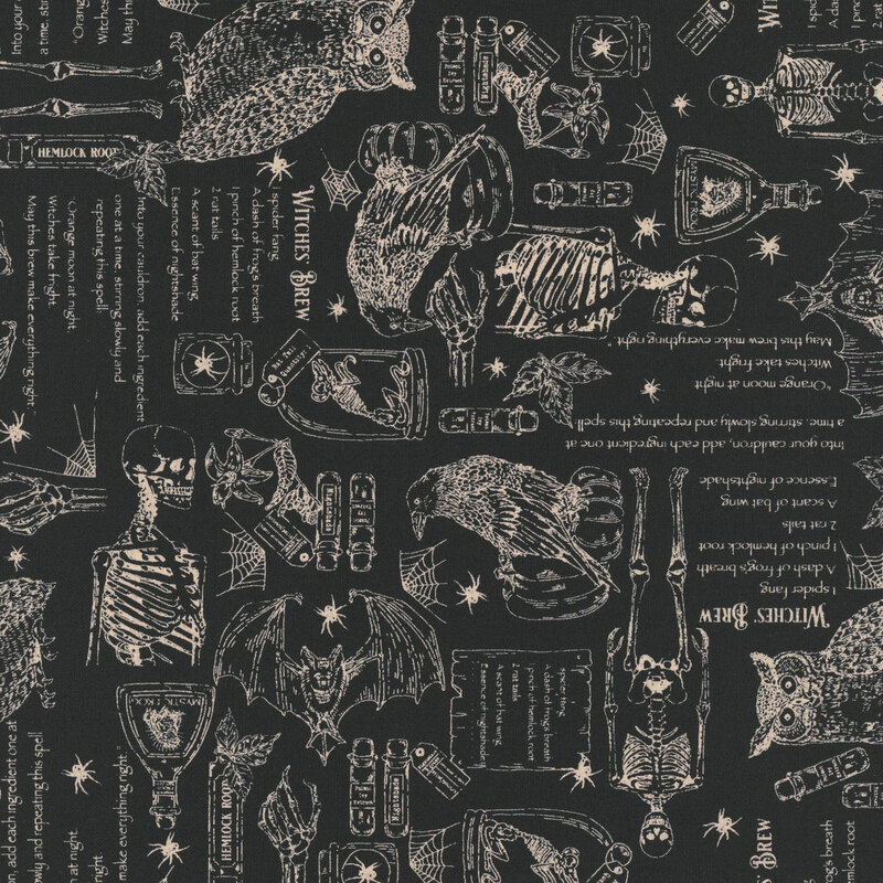 Jet-black fabric with a scattered design of witches' brew recipes, skeletons, herbs, pumpkins, crows, spiders, and other Halloween motifs.