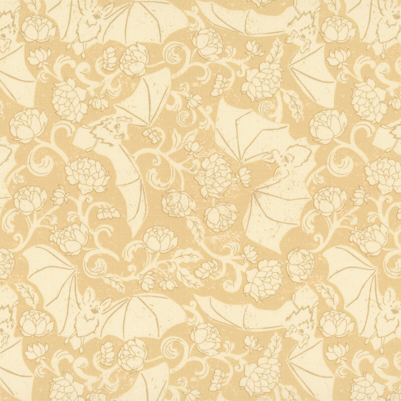 Flax colored fabric with a tossed pattern of light beige bats and swirling vines with florals.