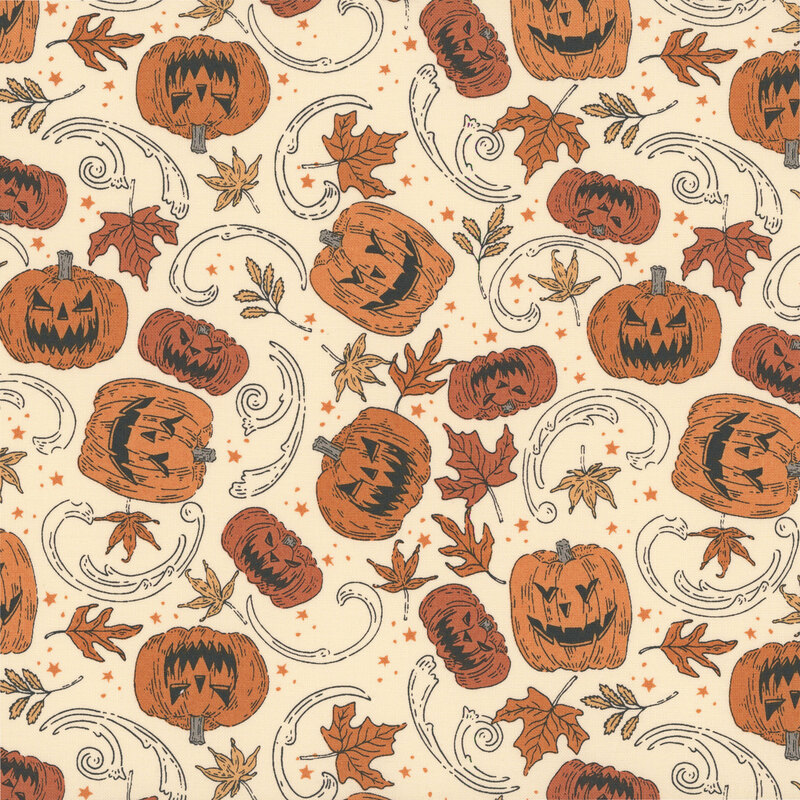Cream fabric with a tossed pattern of swirls, leaves, stars, and orange pumpkins.