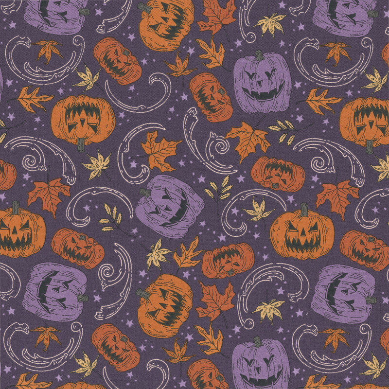 Deep purple fabric with a tossed pattern of swirls, leaves, stars, and orange and purple pumpkins.