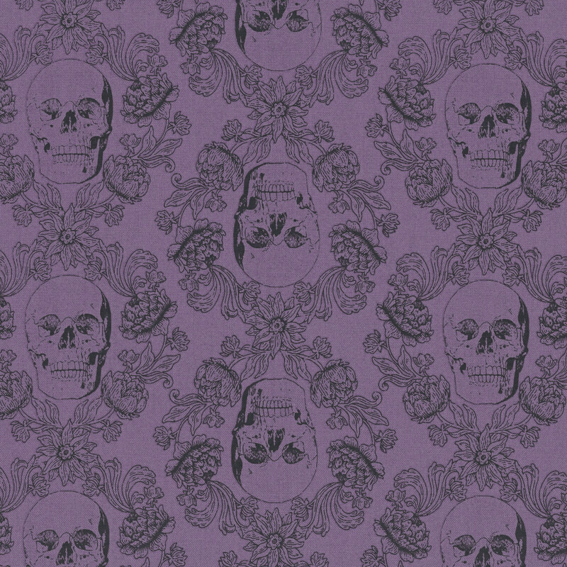 Purple fabric with a black ornamental design of floral vines surrounding skulls.