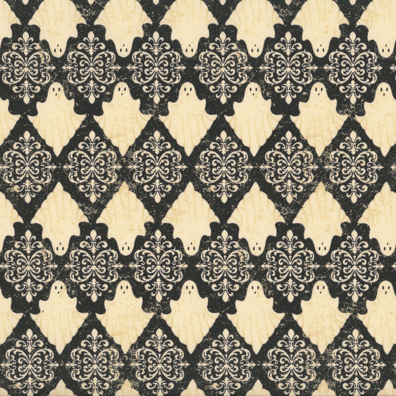 Textured black fabric with a damask pattern of alternating rows of cream colored ghosts and ornamental motifs.