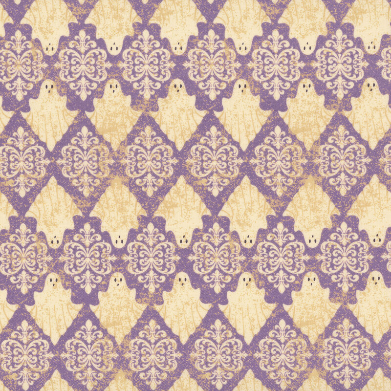 Textured soft purple fabric with a damask pattern of alternating rows of cream colored ghosts and ornamental motifs.