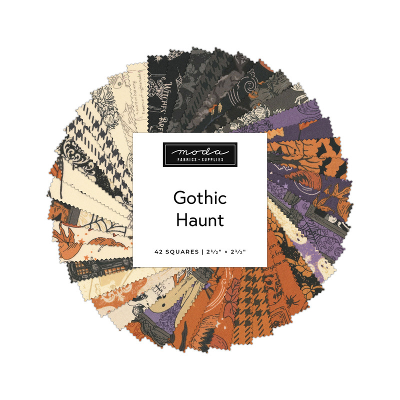 Digital collage of the 2.5" Squares Bundle from the Gothic Haunt fabric collection.