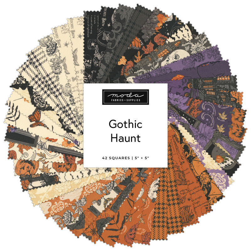 Digital collage of the 5" Squares Bundle from the Gothic Haunt fabric collection.