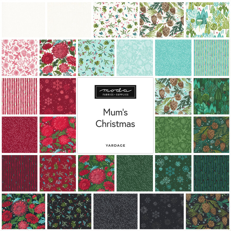 Square collage of christmas-themed fabrics from the Mum's Christmas collection