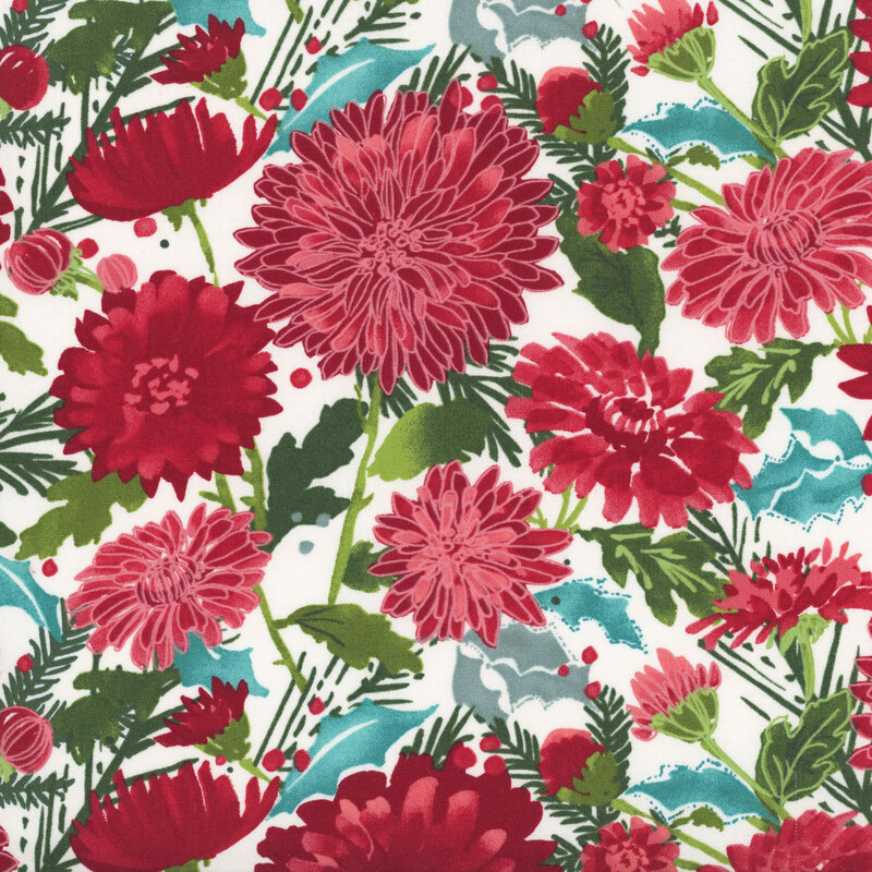 red mums with green foliage, accented with teal holly leaves and red berries scattered on a white background.