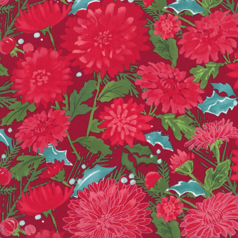red mums with green foliage, accented with teal holly leaves and red berries scattered on a rose red background.