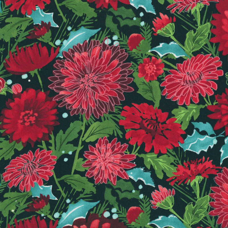 red mums with green foliage, accented with teal holly leaves and red berries scattered on a black background.