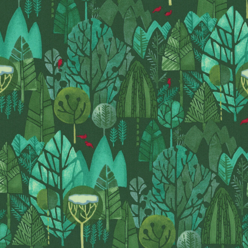 stylized trees in shades of green and aqua accented by little red birds on a spruce green background.