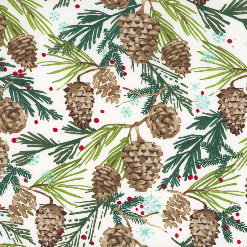 rustic pinecones dangling from evergreen branches accented with red dots and blue snowflakes on a white background.