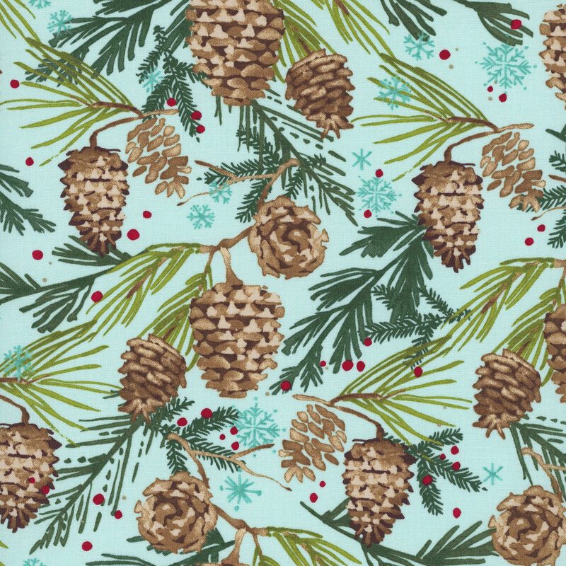 rustic pinecones dangling from evergreen branches accented with red dots and blue snowflakes on a light aqua background.